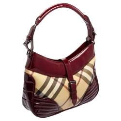 Pre Owned Burberry Burgundy/Beige Nova Check PVC and Patent Leather Hobo