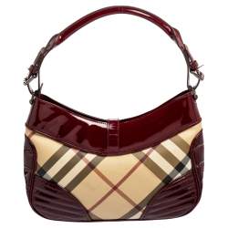 Pre Owned Burberry Burgundy/Beige Nova Check PVC and Patent Leather Hobo