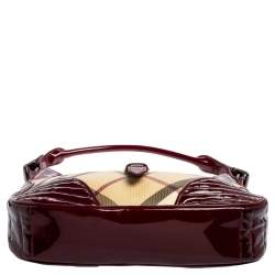Pre Owned Burberry Burgundy/Beige Nova Check PVC and Patent Leather Hobo