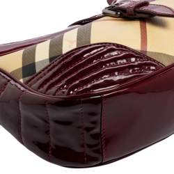 Pre Owned Burberry Burgundy/Beige Nova Check PVC and Patent Leather Hobo