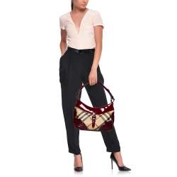 Pre Owned Burberry Burgundy/Beige Nova Check PVC and Patent Leather Hobo