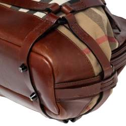 Pre Owned Burberry Brown House Check Canvas and Leather Bridle Hobo