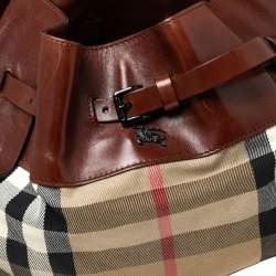 Pre Owned Burberry Brown House Check Canvas and Leather Bridle Hobo