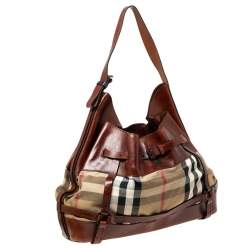 Pre Owned Burberry Brown House Check Canvas and Leather Bridle Hobo