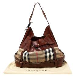 Pre Owned Burberry Brown House Check Canvas and Leather Bridle Hobo