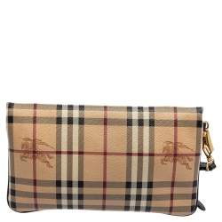 Pre Owned حقيبة كلتش بربري أديلين كانفاس مقوى كاروهات هايماركت بيج/بني مطوية بحمالة للمعصم