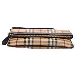 Pre Owned حقيبة كلتش بربري أديلين كانفاس مقوى كاروهات هايماركت بيج/بني مطوية بحمالة للمعصم