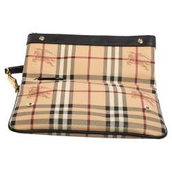 Pre Owned حقيبة كلتش بربري أديلين كانفاس مقوى كاروهات هايماركت بيج/بني مطوية بحمالة للمعصم