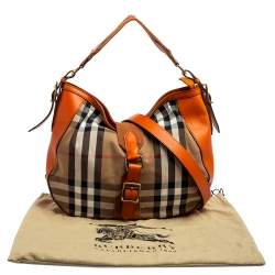 Pre Owned Burberry Orange/Beige Nova Check Canvas and Leather Buckle Hobo