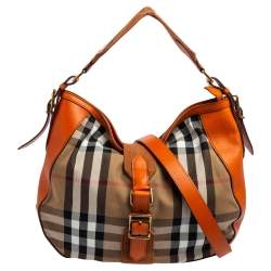 Pre Owned Burberry Orange/Beige Nova Check Canvas and Leather Buckle Hobo