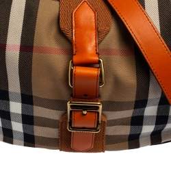 Pre Owned Burberry Orange/Beige Nova Check Canvas and Leather Buckle Hobo