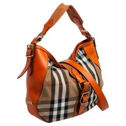 Pre Owned Burberry Orange/Beige Nova Check Canvas and Leather Buckle Hobo