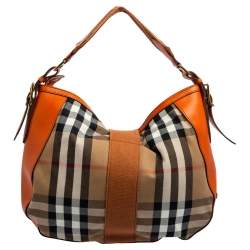 Pre Owned Burberry Orange/Beige Nova Check Canvas and Leather Buckle Hobo