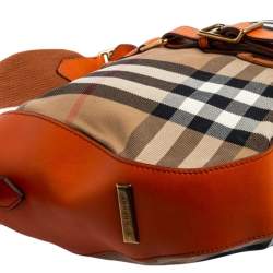 Pre Owned Burberry Orange/Beige Nova Check Canvas and Leather Buckle Hobo