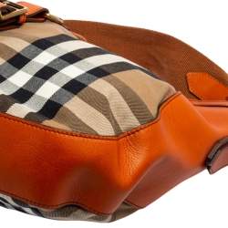 Pre Owned Burberry Orange/Beige Nova Check Canvas and Leather Buckle Hobo