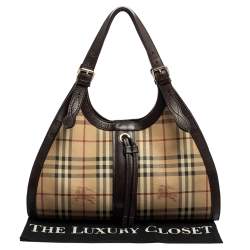 مملوكة مسبقًا Burberry Brown/Beige Haymarket PVC and Leather Kensington Shoulder Bag