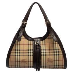 مملوكة مسبقًا Burberry Brown/Beige Haymarket PVC and Leather Kensington Shoulder Bag