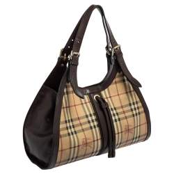 مملوكة مسبقًا Burberry Brown/Beige Haymarket PVC and Leather Kensington Shoulder Bag