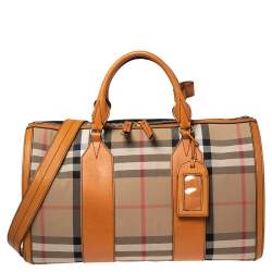 Burberry Orange/Beige House Check Canvas and Leather Duffel Bag