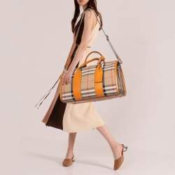 Burberry Orange/Beige House Check Canvas and Leather Duffel Bag