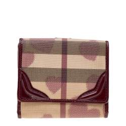 Burberry Burgundy/Beige Nova Check PVC And Patent Leather Heart Compact Wallet