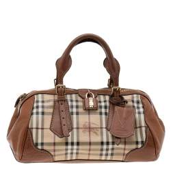 Burberry Beige/Brown Haymarket Check Coated Canvas And Leather Alma Plaid  Satchel Burberry