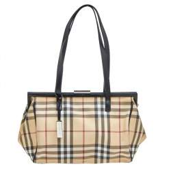 Pre Owned Burberry Beige/Black Nova Check Coated Canvas and Leather Frame Satchel