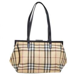 Pre Owned Burberry Beige/Black Nova Check Coated Canvas and Leather Frame Satchel