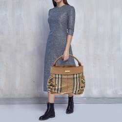 Pre Owned Burberry Beige House Check Canvas and Leather Studded Hobo