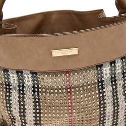 Pre Owned Burberry Beige House Check Canvas and Leather Studded Hobo