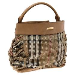 Pre Owned Burberry Beige House Check Canvas and Leather Studded Hobo