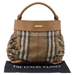 Pre Owned Burberry Beige House Check Canvas and Leather Studded Hobo