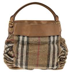 Pre Owned Burberry Beige House Check Canvas and Leather Studded Hobo