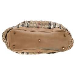 Pre Owned Burberry Beige House Check Canvas and Leather Studded Hobo