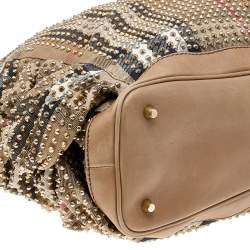 Pre Owned Burberry Beige House Check Canvas and Leather Studded Hobo