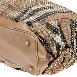 Pre Owned Burberry Beige House Check Canvas and Leather Studded Hobo