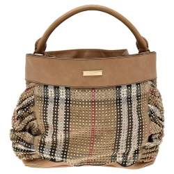 Pre Owned Burberry Beige House Check Canvas and Leather Studded Hobo