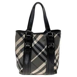 Pre Owned حقيبة يد توتس بربري فيكتوريا جلد لامع ونايلون كاروهات بيت أسود