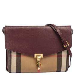 Pre Owned Burberry Burgundy House Check Canvas and Leather Macken Crossbody Bag