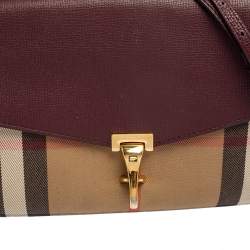 Pre Owned Burberry Burgundy House Check Canvas and Leather Macken Crossbody Bag
