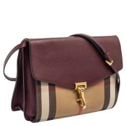 Pre Owned Burberry Burgundy House Check Canvas and Leather Macken Crossbody Bag