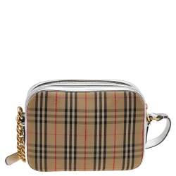 مملوكة مسبقًا حقيبة كاميرا بربري لين ك 1983 نايت جلد وكانفاس كاروهات بيج/فضي