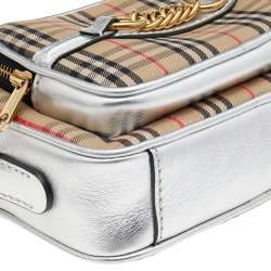 مملوكة مسبقًا حقيبة كاميرا بربري لينك 1983 نايت جلد وكانفاس كاروهات بيج/فضي