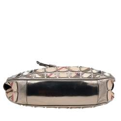 Pre Owned Burberry Metallic Grey/Beige Nova Check Coated Canvas And Patent Leather Small Warrior Hobo