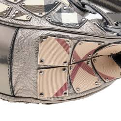 Pre Owned Burberry Metallic Grey/Beige Nova Check Coated Canvas And Patent Leather Small Warrior Hobo