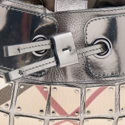 Pre Owned Burberry Metallic Grey/Beige Nova Check Coated Canvas And Patent Leather Small Warrior Hobo
