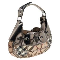 Pre Owned Burberry Metallic Grey/Beige Nova Check Coated Canvas And Patent Leather Small Warrior Hobo