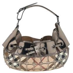 Pre Owned Burberry Metallic Grey/Beige Nova Check Coated Canvas And Patent Leather Small Warrior Hobo