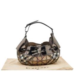Pre Owned Burberry Metallic Grey/Beige Nova Check Coated Canvas And Patent Leather Small Warrior Hobo