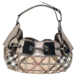 Pre Owned Burberry Metallic Grey/Beige Nova Check Coated Canvas And Patent Leather Small Warrior Hobo
